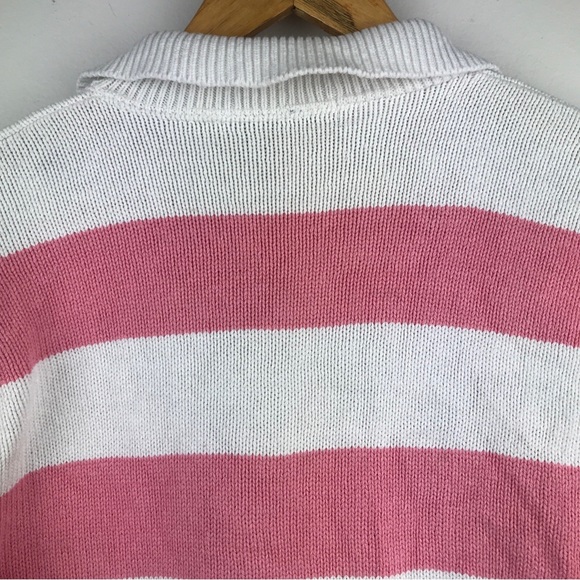 VTG Eddie Bauer Short Sleeve Sweater Made in USA Pink Stripe Half Button - Picture 9 of 14